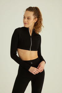 Contrast zip front longsleeve cropped jacket black